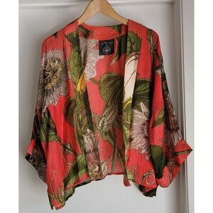 One Hundred Stars Red Floral Kimono Women's Wrap Robe Passionfruit Botanical
